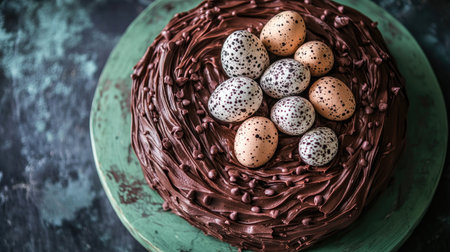 Homemade bird nest cake for Easter, made with chocolate frosting and edible speckled eggs, beautifully arranged on green wooden boards.の素材