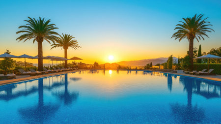 Idyllic holiday setting with palm tree-lined pool, stylish umbrellas, and luxury resort furniture at sunriseの素材