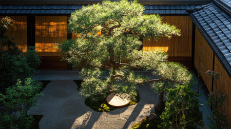 Japanese pine tree highlighted in afternoon glow, casting elegant shadows across tatami mat-style stepping stonesの素材