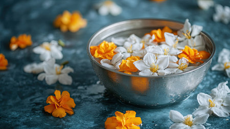 Jasmine and rose petals floating in silver bowl water, surrounded by marigold, traditional Thai festive element for Songkranの素材