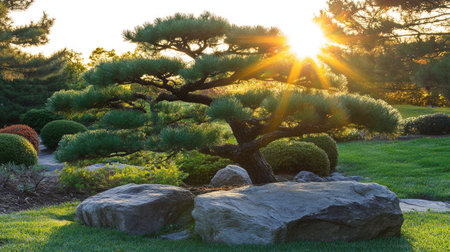 Japanese pine tree illuminated by golden sunset, branches casting elegant shadows on nearby rocks in peaceful garden settingの素材