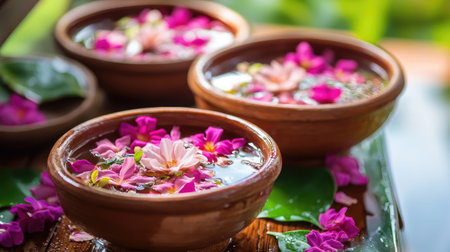 Jasmine garland and rose-petal water prepared for Songkran Buddha worship, Thai New Year spiritual momentの素材