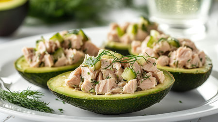 Keto-friendly tuna salad stuffed avocado on clean white plate, sprinkled with dill, served with sparkling waterの素材