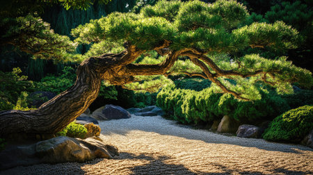 Light and shadow playing across twisted trunk of Japanese pine tree, peaceful and timeless garden settingの素材