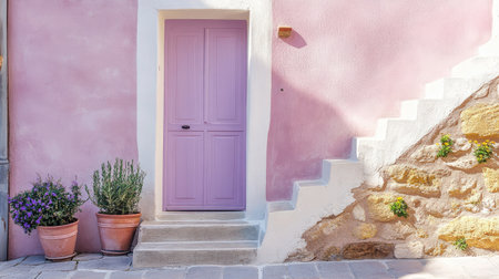 Lavender-toned door with whitewashed stone frame, small garden pots nearby in a French seaside townの素材