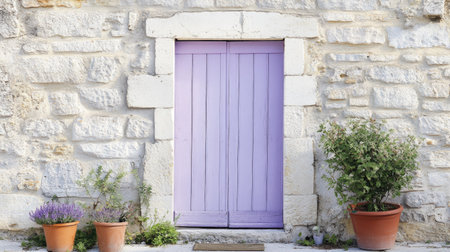 Lavender-toned door with whitewashed stone frame, small garden pots nearby in a French seaside townの素材