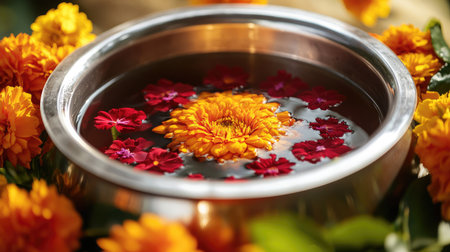 Jasmine and rose petals floating in silver bowl water, surrounded by marigold, traditional Thai festive element for Songkranの素材