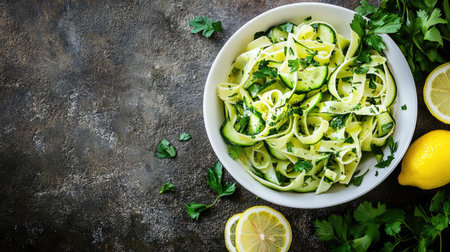 Light spring cucumber pasta salad in white bowl, fresh herbs and lemon slices on the side, overhead view with copy space for textの素材