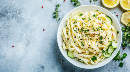 Light spring cucumber pasta salad in white bowl, fresh herbs and lemon slices on the side, overhead view with copy space for textの素材