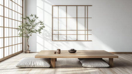 Low table and two floor cushions in bright minimalist Japanese-style room, D visualization with soft texturesの素材