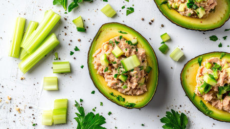 Low-carb food presentation with avocado halves holding creamy tuna filling, garnished with chopped celeryの素材