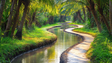 Lush green coconut farm in Thailand with dwarf trees and a winding canal for natural irrigationの素材