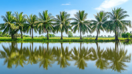 Low coconut trees with fresh coconuts and small canal reflecting trees, tropical Thai farmingの素材