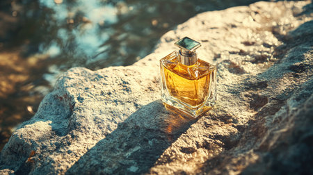 Luxury clear glass perfume bottle on a textured rock surface, with natural light reflections, white clean backgroundの素材