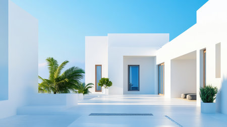 Luxury white facade home with rooftop terrace and cloudless sky, minimal outdoor decorの素材