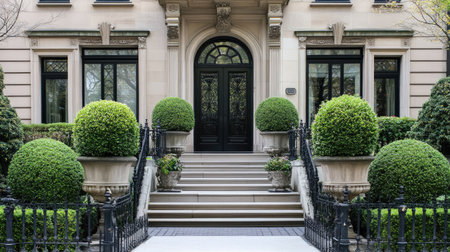 Luxury home exterior with symmetrical potted evergreens and a sleek black entry doorの素材
