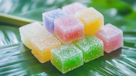 Macro shot of Thai Aalaw candy, showcasing its bright pastel colors and smooth texture, styled on a banana leaf.の素材
