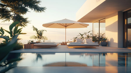 Luxury tropical villa with private pool and oceanview terrace, sunbeds shaded by umbrellas, serene summer vibeの素材