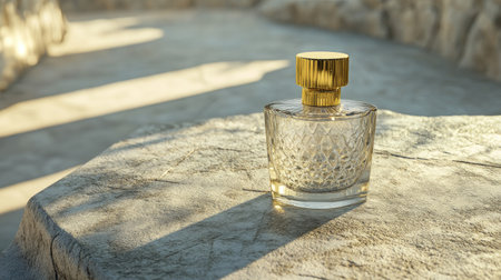 Luxury transparent perfume bottle with gold cap, resting on textured concrete, modern high-end beauty branding concept with soft shadowsの素材