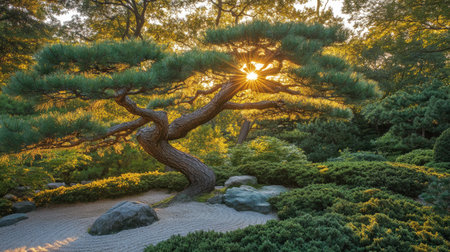 Majestic Japanese pine in zen garden, early light and crisp shadows adding depth to the peaceful landscapeの素材