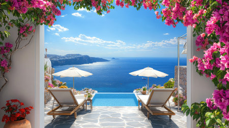 Mediterranean-style private villa with elegant sunbeds, tropical umbrellas, and a seamless view of sea and skyの素材