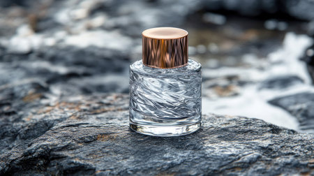 Luxury fragrance container with a modern glass finish, resting on rugged stone with grunge textures, clean artistic compositionの素材