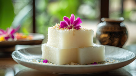 Med Kanun dessert in focus on a white ceramic dish, syrup glistening under natural light, surrounded by traditional Thai decor.の素材