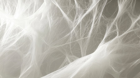 Macro shot of fine paper fibers in muted tones, arranged in an irregular web-like texture with intricate details and depthの素材