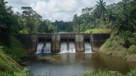 Massive concrete dam structure with water gently flowing from the spillway surrounded by tropical forestの素材
