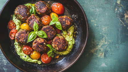 Mediterranean-inspired dish of meatballs with cherry tomato salad and avocado cream, rustic and healthy food conceptの素材