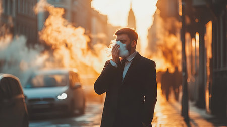 Man in a formal outfit covering his nose and mouth while coughing, PM. pollution clouding the city streets, creating a hazardous environmentの素材