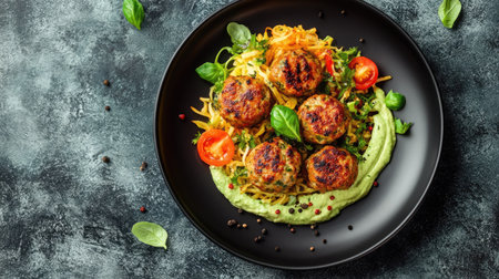 Meatballs served with zesty tomato salad and avocado cream swirl on a modern plate, colorful and fresh food presentationの素材