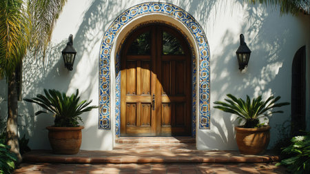 Mediterranean-style house entrance with mosaic tiles and arched wood door, sunlight casting dramatic shadowsの素材