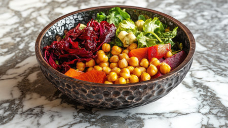 A colorful vegetarian salad featuring roasted beets, red chard, and chickpeas in a handcrafted bowl on a marble countertopの素材
