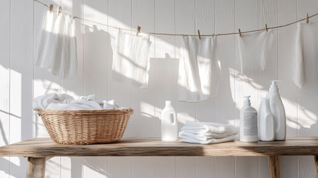 A cozy laundry room setup with white linen on a clothesline, a basket of laundry, fabric softener, and detergent bottles on a wooden table.の素材