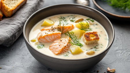 A comforting bowl of salmon soup with a rich creamy broth, soft potatoes, and crispy croutons, served on a gray concrete background.の素材