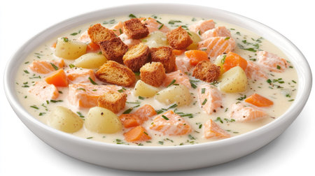 A comforting bowl of creamy salmon soup with potatoes, carrots, and herbs, topped with crispy croutons, on a neutral background.の素材