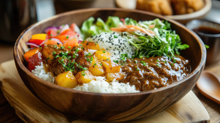 A comforting homemade dish of Japanese curry rice with a tender mini hamburger steak, served with a side of fresh salad.の素材