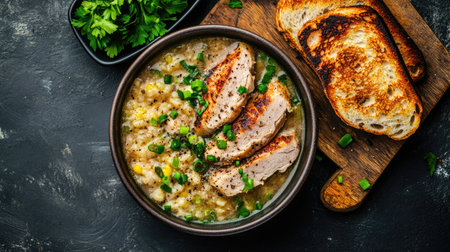 A comforting bowl of Parmentier soup, served hot with slices of roasted turkey, freshly chopped green onions, and golden grilled bread.の素材
