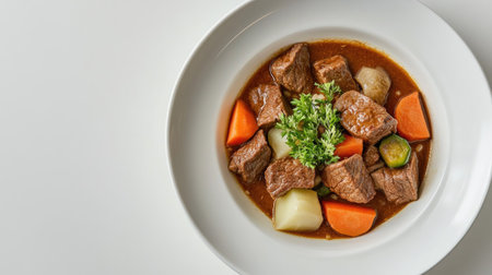 A comforting bowl of Japanese beef curry rice, featuring slow-simmered beef and vegetables, neatly plated on a white surface.の素材