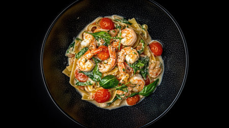 A delicious home-cooked tagliatelle pasta dish with shrimp and cherry tomatoes in a garlic butter sauce, captured from above.の素材