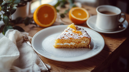A cozy caf menu shoot featuring a freshly baked orange cake slice, plated on a white dish, styled on a wooden table.の素材