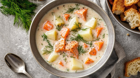 A creamy bowl of Finnish salmon soup, packed with potatoes, carrots, and dill, served with crispy croutons on a gray stone surface.の素材