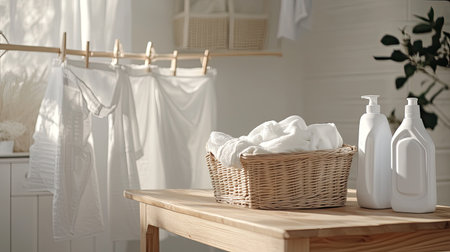 A cozy laundry room setup with white linen on a clothesline, a basket of laundry, fabric softener, and detergent bottles on a wooden table.の素材