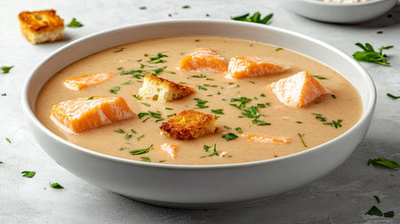 A delicious bowl of salmon soup with rich, velvety cream, fresh herbs, and crispy croutons, served on a textured gray surface.の素材