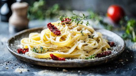 A delicious homemade tagliatelle pasta dish with olive oil, sun-dried tomatoes, and parmesan, arranged beautifully on a rustic plate.の素材