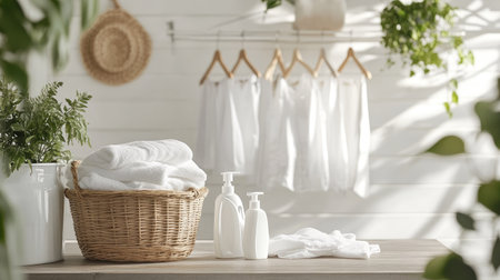 A cozy laundry room setup with white linen on a clothesline, a basket of laundry, fabric softener, and detergent bottles on a wooden table.の素材