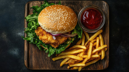 A delicious fast food meal featuring a crispy chicken burger, golden fries, and a wooden serving plate, photographed from above.の素材