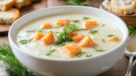 A delicious bowl of traditional Finnish salmon soup, creamy and rich, garnished with fresh herbs and served with golden croutons.の素材