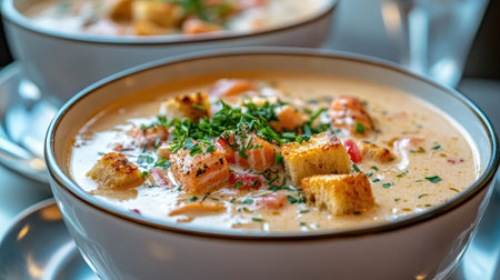 A delicious bowl of traditional Finnish salmon soup, creamy and rich, garnished with fresh herbs and served with golden croutons.の素材